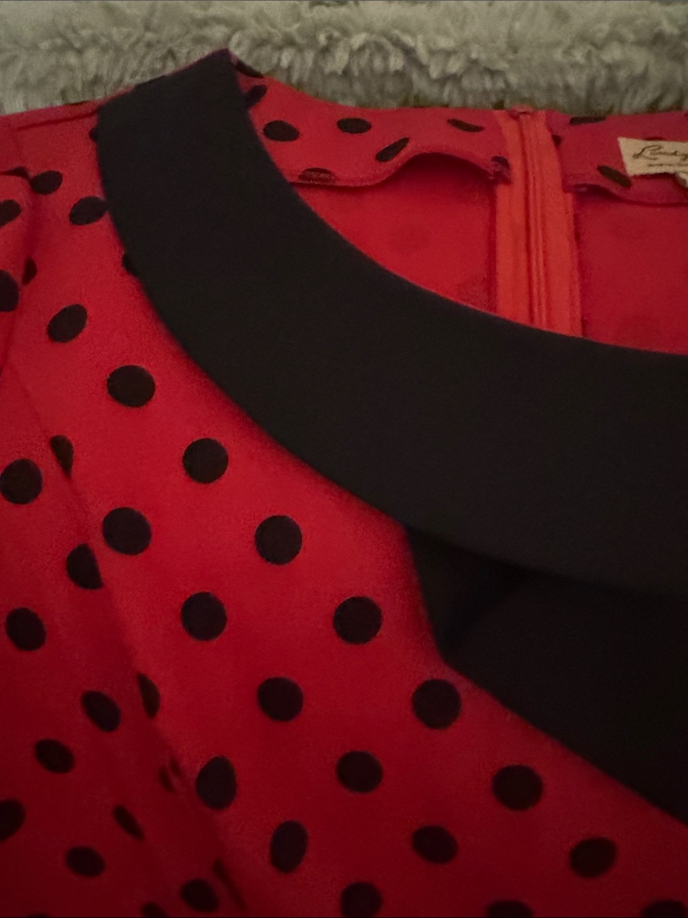 Lindy Bop Red Polka Dot Fit-and-Flare Dress with Black Collar Vintage - Picture 3 of 6
